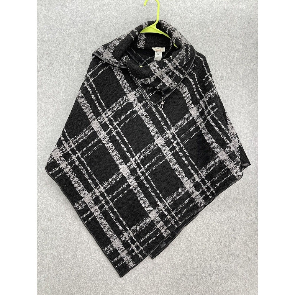 Hummingbird Women's Poncho Black Plaid One Size Faux Leather Trim